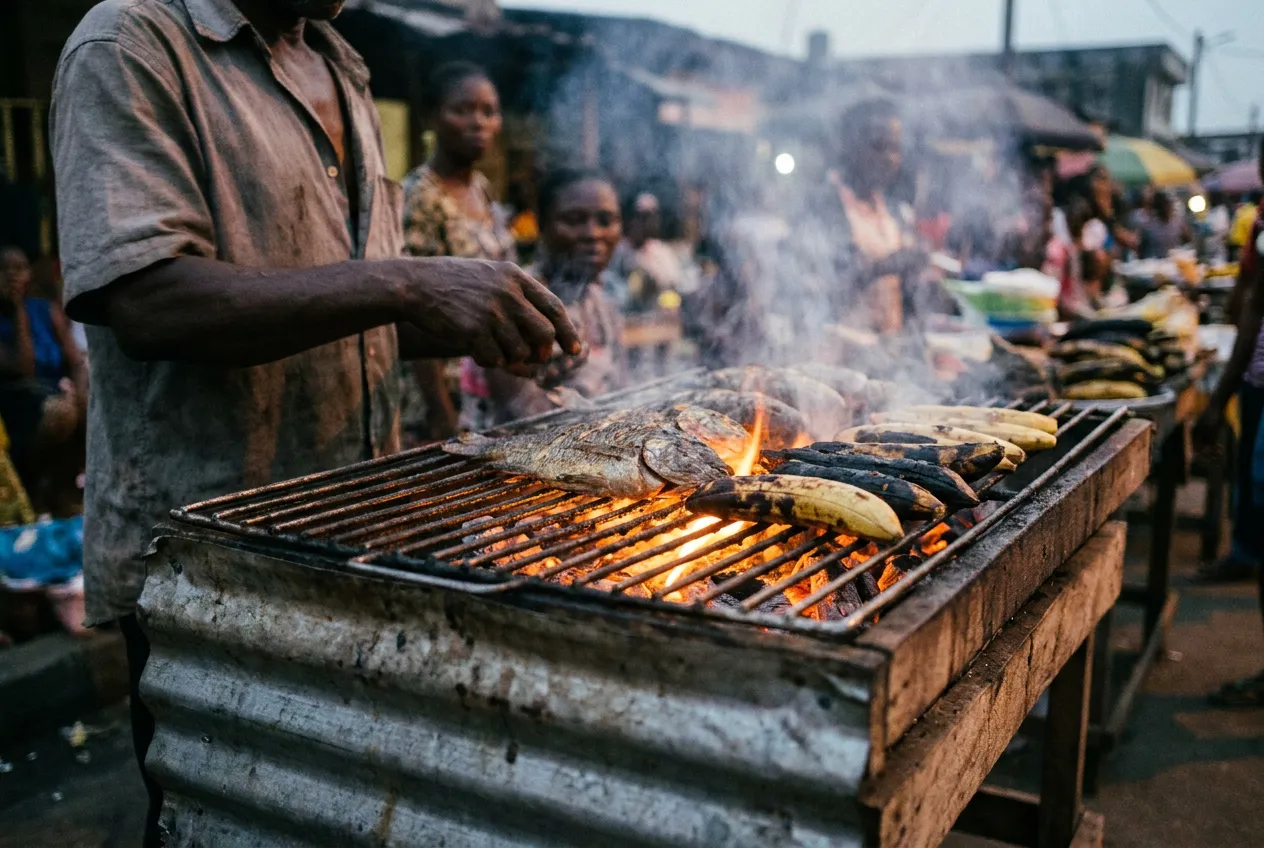 Poisson et plantains grillés au feu de bois, ambiance de rue à Douala